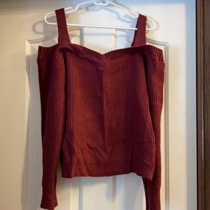 Burgundy off shoulder cable knit sweater